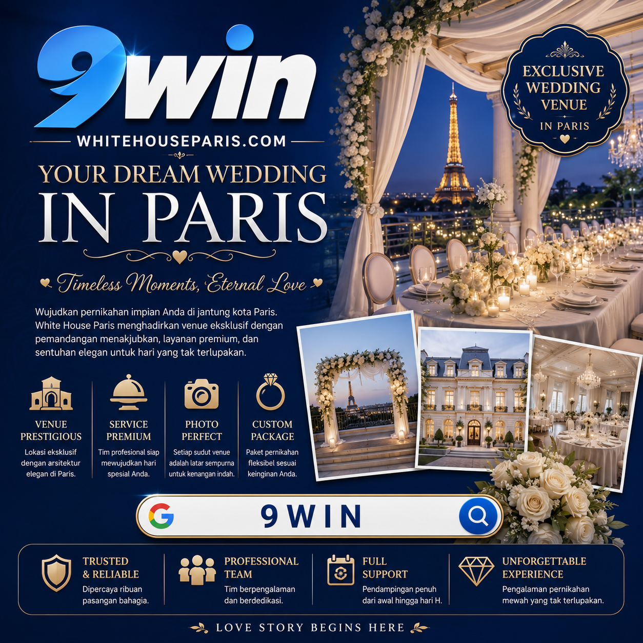 Pasangan pengantin di venue pernikahan 9WIN White House Paris — konsultasi gratis